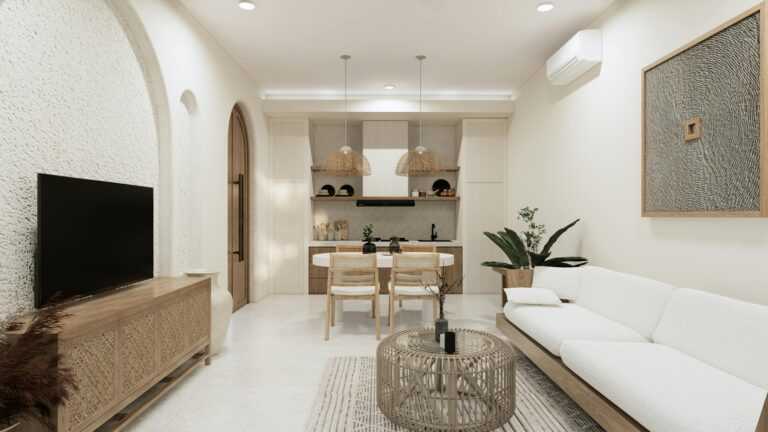 Cozy minimalist living room interior with dining area, modern decor, and natural elements in Bali villa.